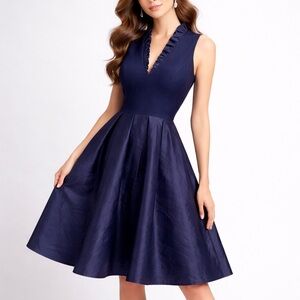 🆕Jessica Howard Navy Fit & Flare Dress Size 8 Ruffle Midi Cocktail Party Elegant